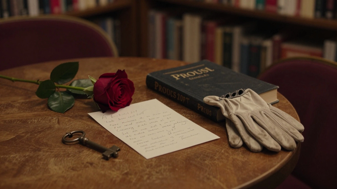 A handwritten note and rose on a wooden table in a quiet Paris bookstore, empty chairs nearby.