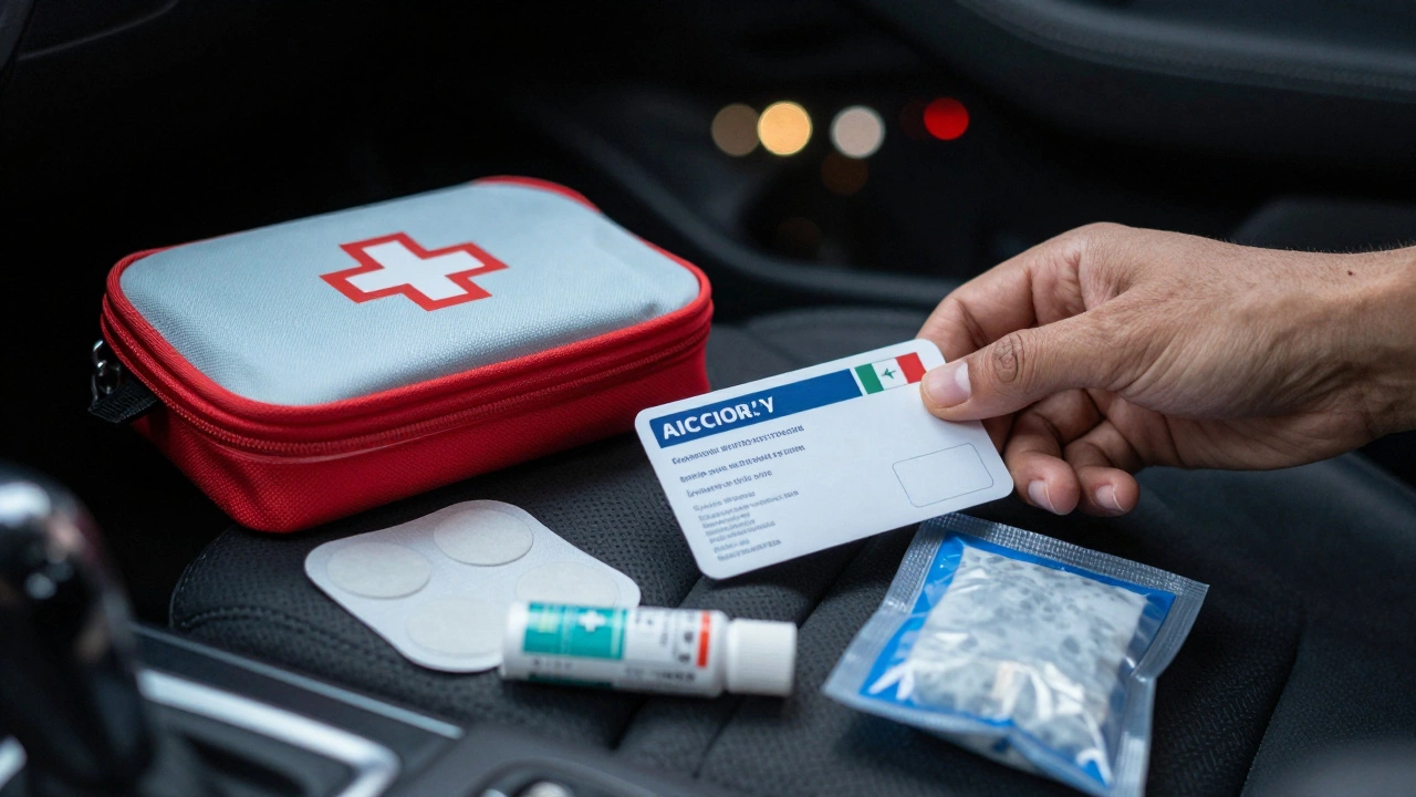 A medical kit on a car seat with pain patches and ice pack, symbolizing careful self-care and safety.