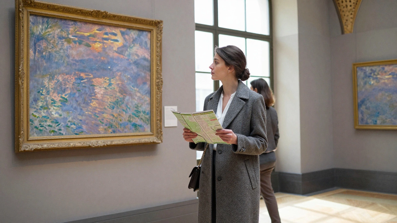 A woman studying art at the Musée d&#039;Orsay with a client nearby, natural light through large windows.
