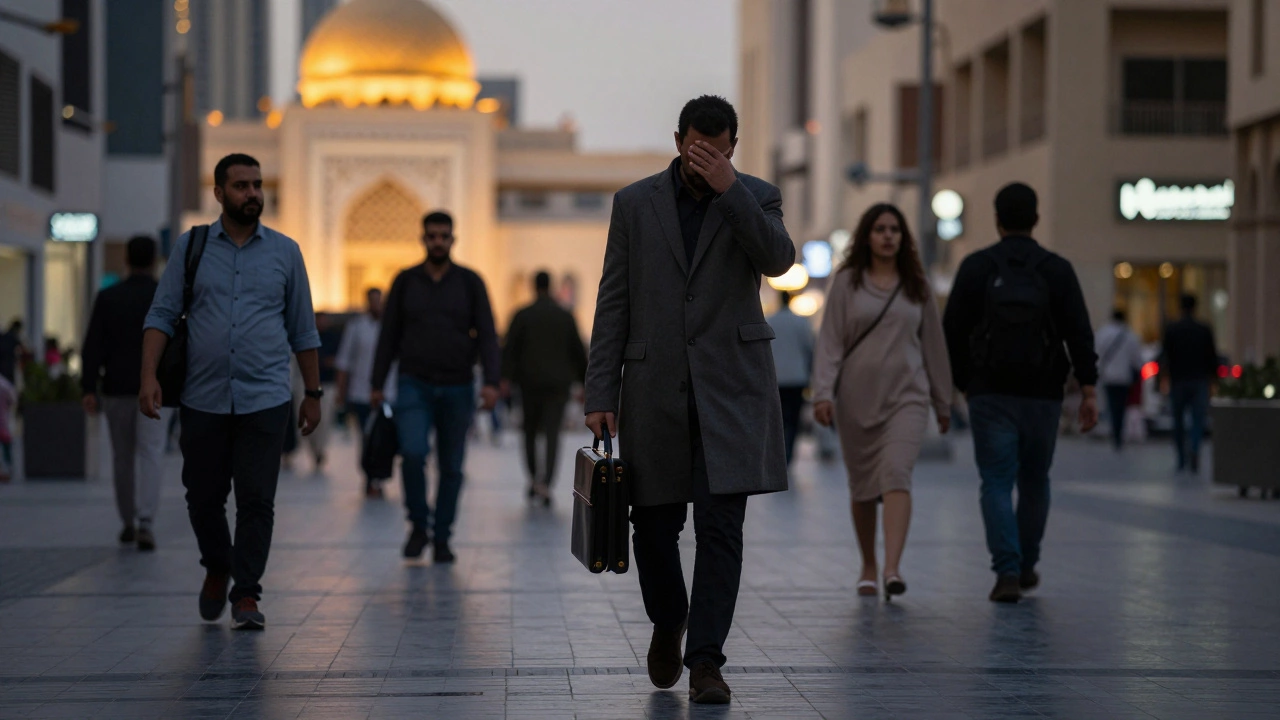 An anonymous individual walking through a Dubai street at dusk, blending into the crowd under golden lights.